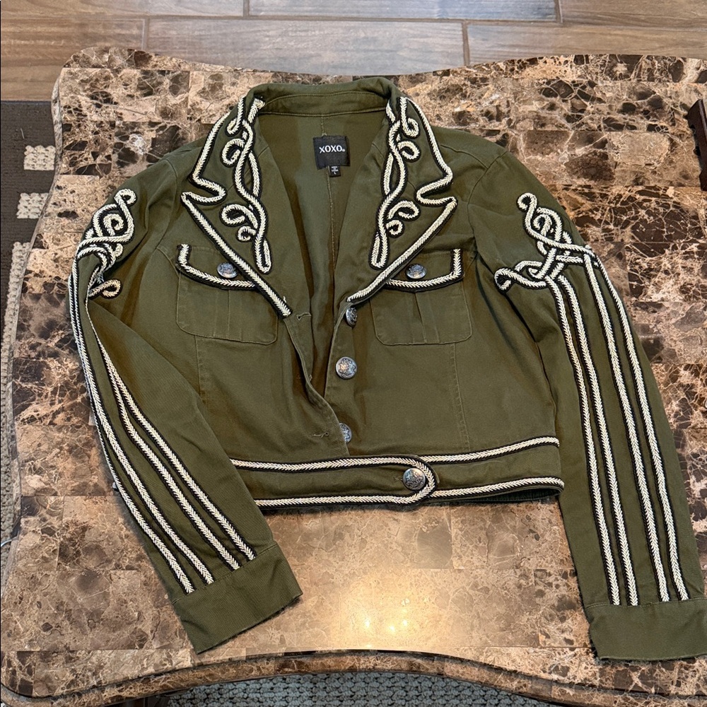 XOXO Women's Green Utility Jacket with White Embroidery